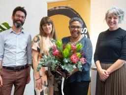 Photo of Ben Silverstein (RCDH), Charlotte Feakins (GML) , Leah Lui-Chivizhe, and Sharon Veale (GML)