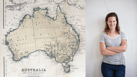 Detail of old map of Australia &amp; New Zealand, 1870 and insert Prof. Anna Clark
