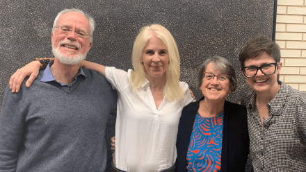 Image of Professor Sandra Swart (second from left) with Professor Tom Griffiths AO (left), Professor Libby Robin (second from right), and Associate Professor Ruth Morgan (right).