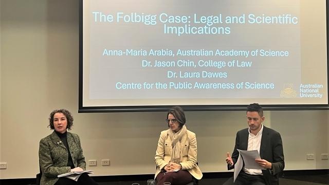 Panelists from left  Dr Laura Dawes, Dr Anna-Maria Arabia, and Dr Jason Chin for the &quot;The Folbigg Case&quot; discussion. 