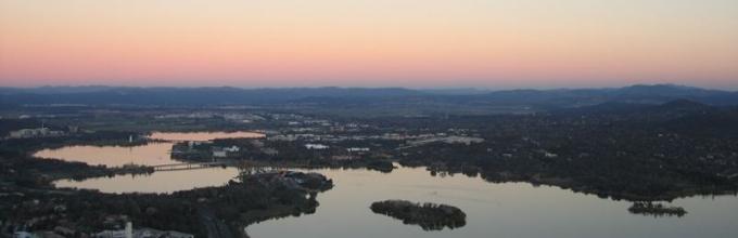 Aerial photograph of Lake Burley Griffin at dusk