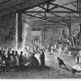 poor workers in a dark dirty foundry illuminated just by machineries. Men, women and children. Ancient grey tone etching style art by Huet, Le Tour du Monde, Paris, 1861 - AdobeStock Photos