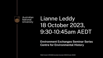 Banner with words Lianne Leddy 18 October 2023, 9:30-10:45am AEDT Environmental Exchanges Seminar Series Centre for Environmental History